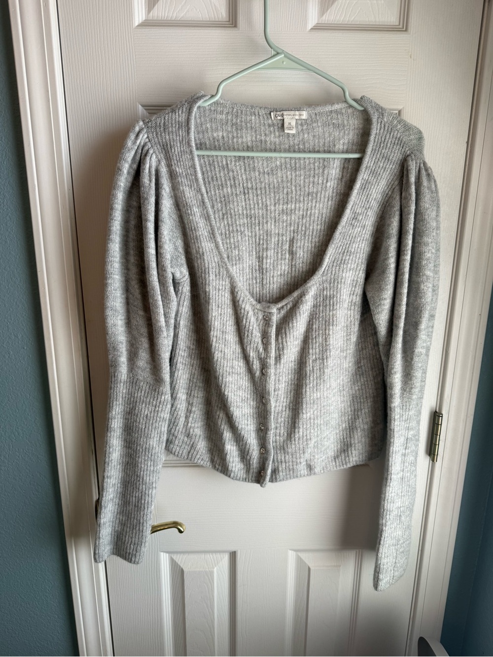 Cato Grey Puff Sleeve Rhinestone Button Ribbed Knit Cardigan